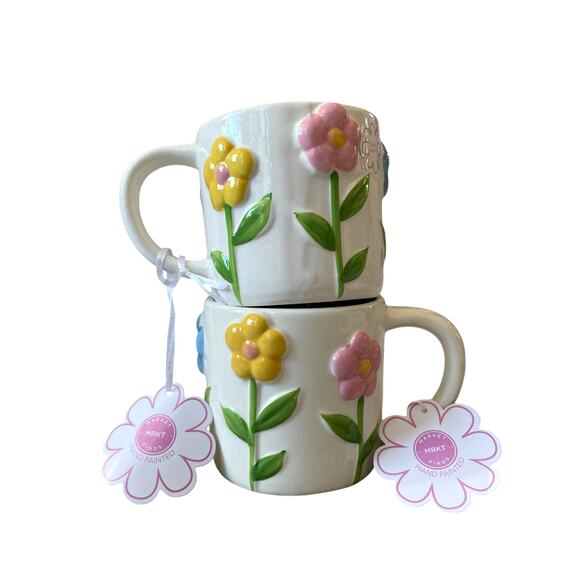 Hand Painted 3D Spring Floral Ceramic Mugs Pink Blue Yellow Set of 2 NEW - Picture 2 of 16